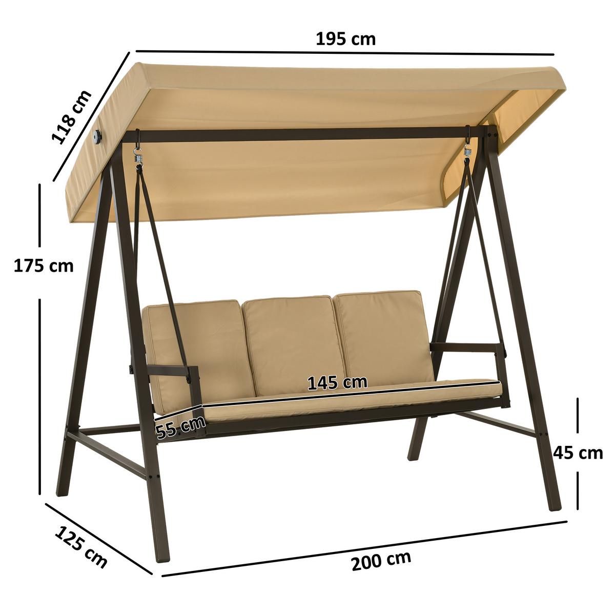 HOLLYWOODSCHAUKEL, 3-Sitzer, Beige, 200 x 125 x 175 cm - Beige, Kunststoff (125/175/200cm) - Outsunny