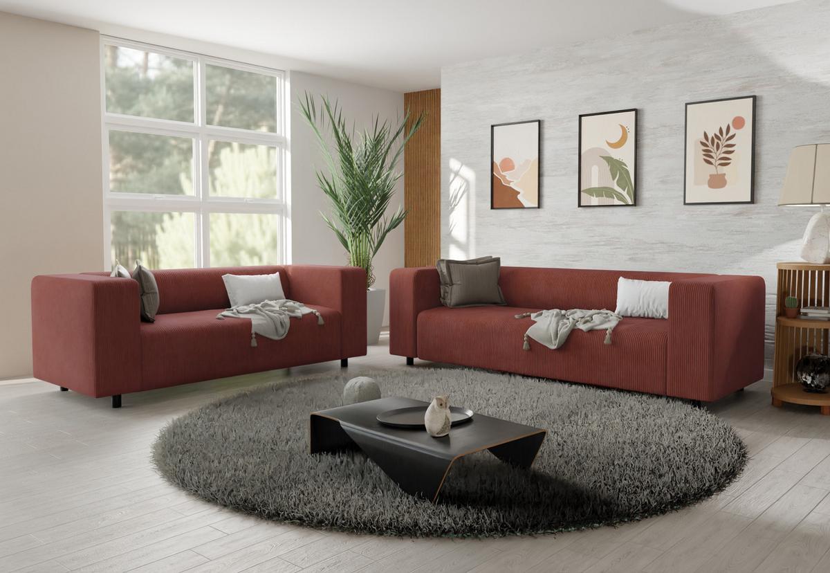 SITZGARNITUR 3+2 Tove Terrakotta Cord - Terracotta/Schwarz, Holz/Kunststoff (175/65/80cm) - S-Style Möbel