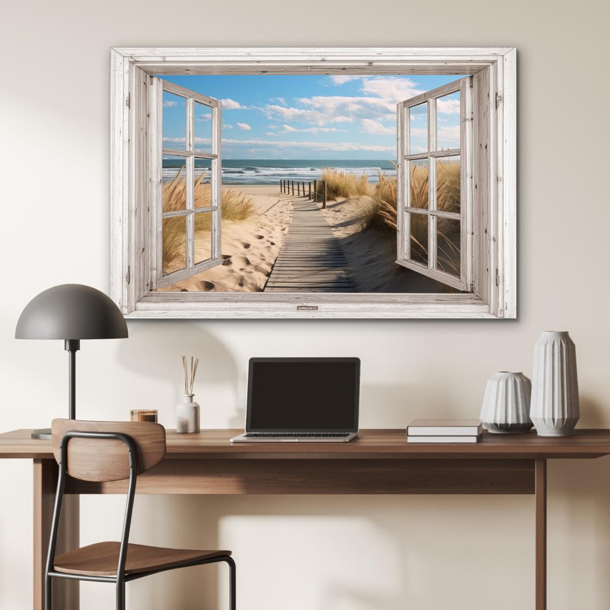 METALLBILD Fenster - Meer - Küste - Natur - Ausblick - Strand - Wattenmeer Wanddeko 90x60 cm - Beige, Metall (90/60cm) - MuchoWow