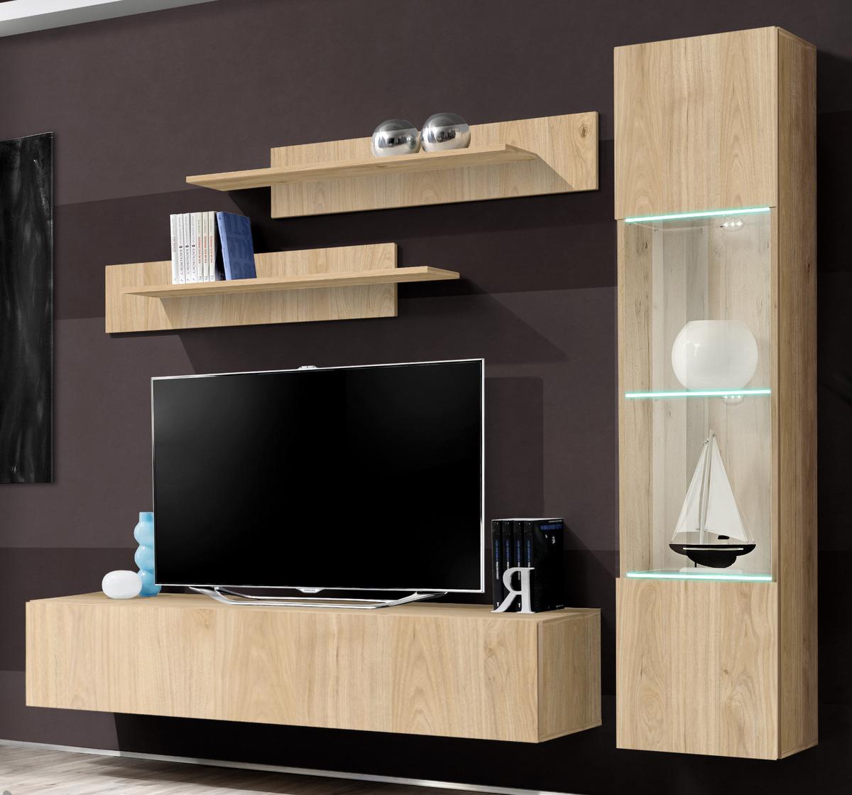 WOHNWAND Eiche Jackson 210 cm 4-teilig hängend, Schrwankwand mit LED-Beleuchtung - Eichefarben, Glas/Holzwerkstoff (210/170/40cm) - Inn.Furn