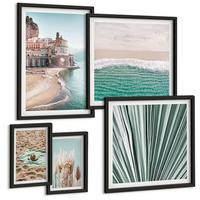 BILDER SET 5er Set - 50x50 cm & 20x30 cm & 40x60 cm Schwarzer Rahmen - Strandwellen Grashut - Schwarz, Kunststoff (40/60cm) - TULUP