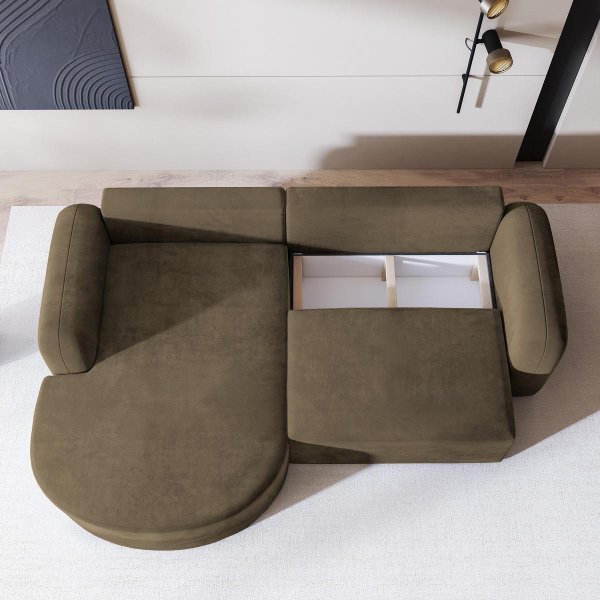 ECKSOFA AMILIA M L-S Beige Velours-Stoff mit Schlaffunktion - Beige, Holz (263/174cm) - MASSENO