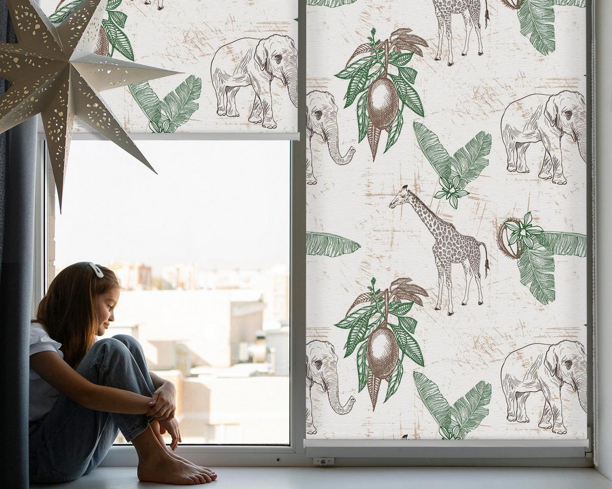 INNENROLLO - Fensterrollo - Rollo - 150x140 cm - Giraffen, Elefanten und Blätter - Grün, Kunststoff (150/140/0.5cm) - TULUP