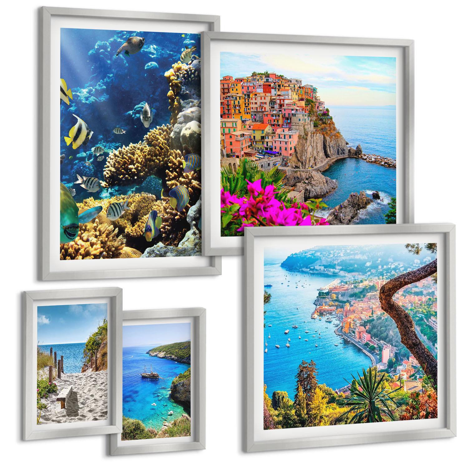 BILDER SET 5er Set - 50x50 cm & 20x30 cm & 40x60 cm Silberner Rahmen - Berglandschaften im Hintergrund - Silberfarben, Kunststoff (40/60cm) - TULUP