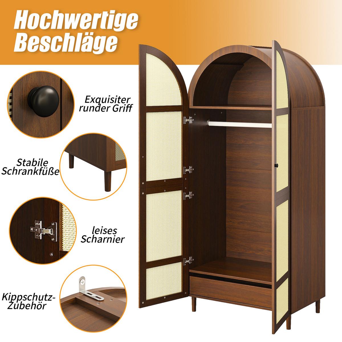 KLEIDERSCHRANK Nussbaum Rattan Gebogene Türen Kleiderstange & Schublade - Walnussfarben, Holzwerkstoff (80/179/50cm) - Urban Meuble