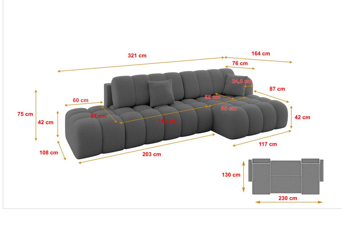 ECKSOFA mit Schlaffunktion Ottomane RECHTS OLEA-L2 321x164x75 Grau Bouclé - Schwarz/Grau, Holzwerkstoff/Kunststoff (164/321cm) - ALTDECOR