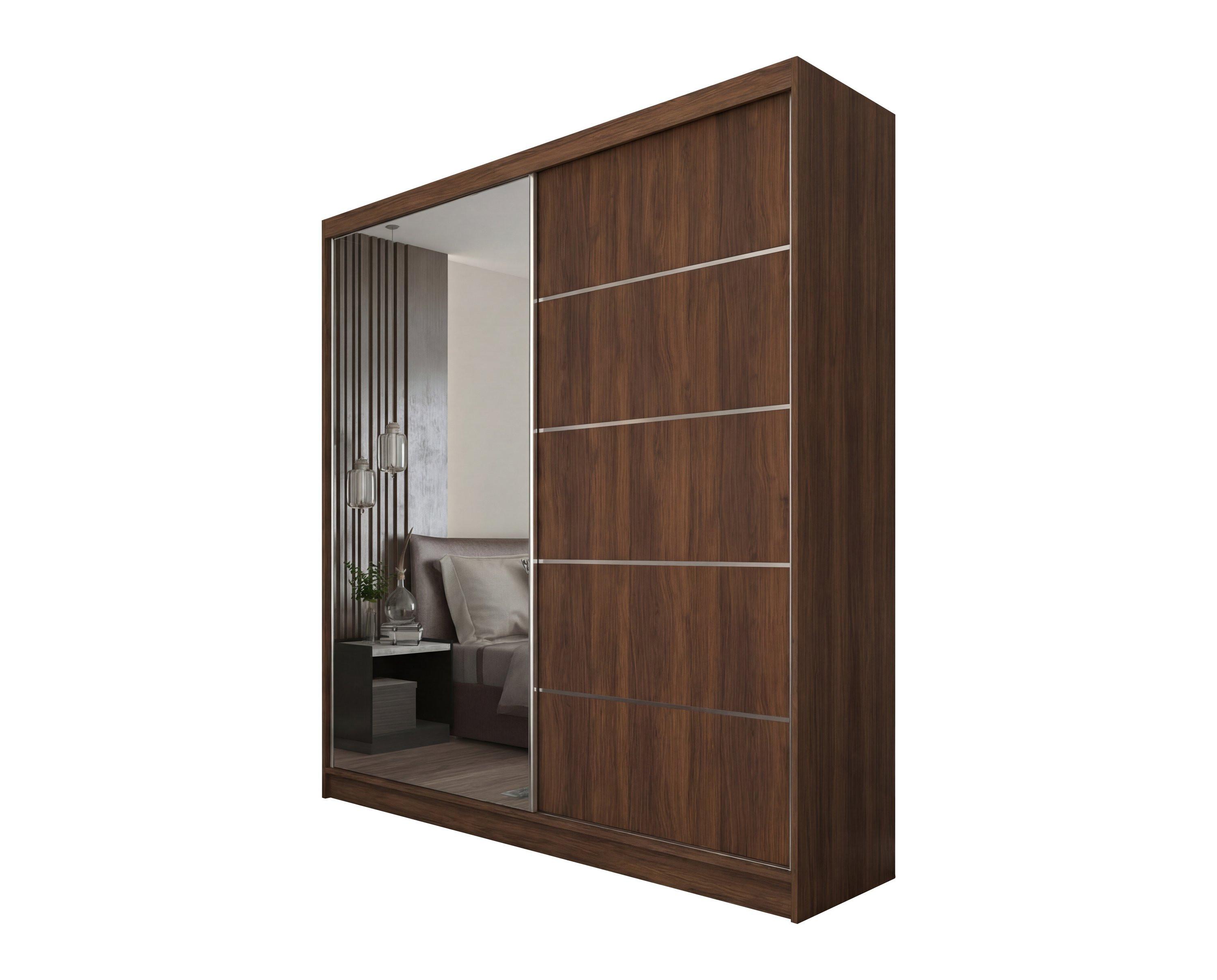 SCHWEBETÜRENSCHRANK MIRELLA 200/216/61 cm Modern Kleiderschrank 2-türig mit Spiegel Nussbaumfarben - Nussbaumfarben, Holzwerkstoff (200/216/61cm) - MASSENO