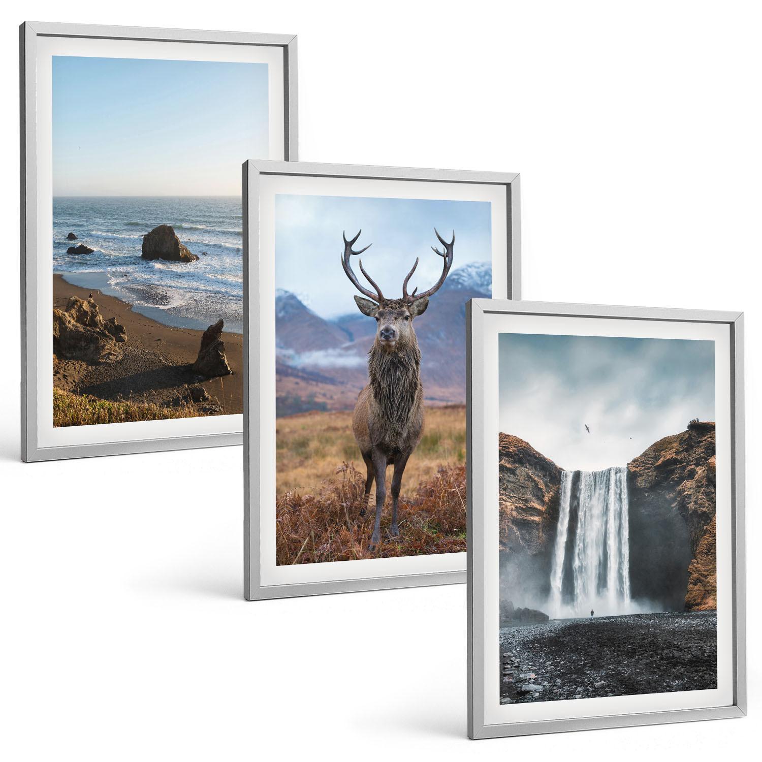 BILDER SET 3er Set - 40x60 cm Silberner Rahmen - Berglandschaften mit einem Wasserfall - Silberfarben, Kunststoff (40/60cm) - TULUP