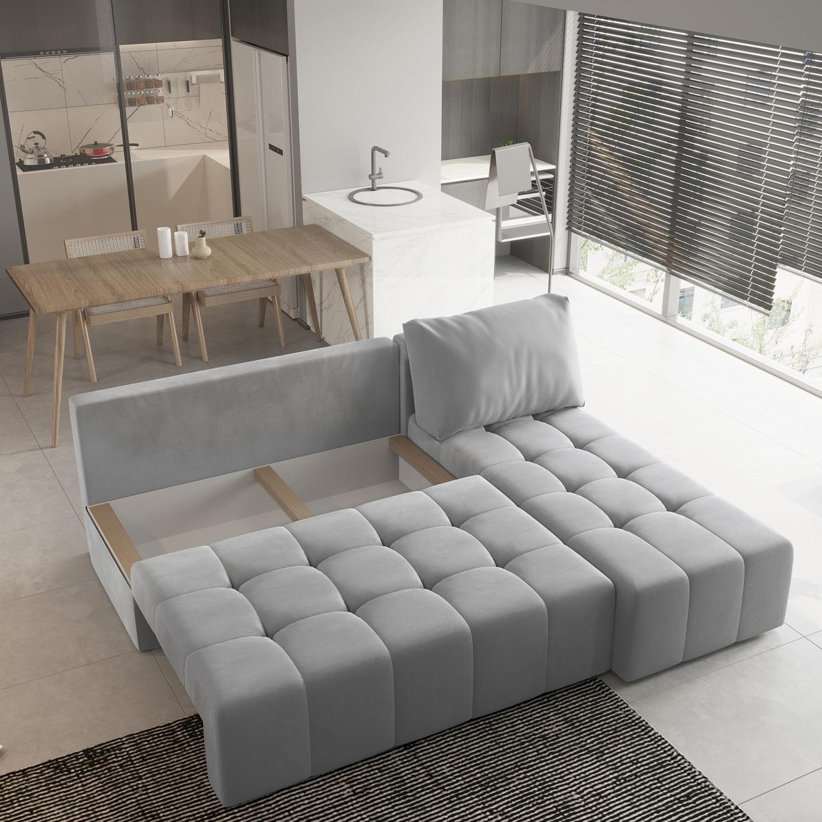 ECKSOFA DOMIRA Hellgrau Plüsch-Stoff mit Schlaffunktion - Hellgrau, Holz (200/141cm) - MASSENO
