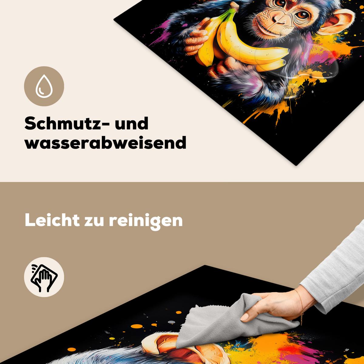 HERDABDECKPLATTE Affe - Graffiti - Farbenfroh - Bananen - Modern Induktionsmatte 77x59 cm - Gelb, Kunststoff (77/59/0.2cm) - MuchoWow
