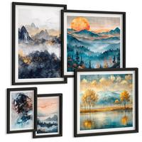 BILDER SET 5er Set - 50x50 cm & 20x30 cm & 40x60 cm Schwarzer Rahmen - Tropische Pflanzen, Vögel, Natur - Schwarz, Kunststoff (40/60cm) - TULUP
