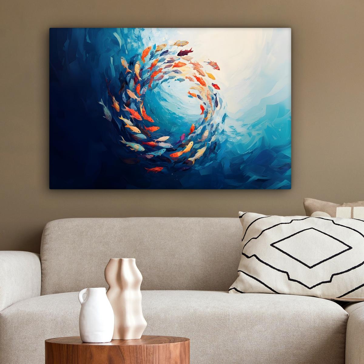 LEINWANDBILD Meer - Fische - Bunt - Dynamisch Wanddeko 90x60 cm - Hellblau, Textil (90/60cm) - MuchoWow