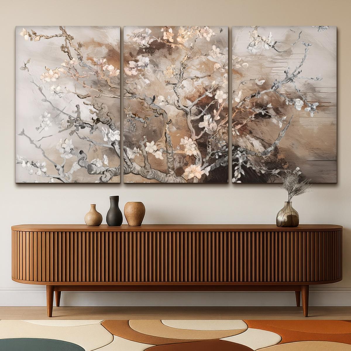 LEINWANDBILD 3er Set Mandelblüte - Abstrakt - Beige 240x120 cm - Beige, Textil (240/120cm) - MuchoWow
