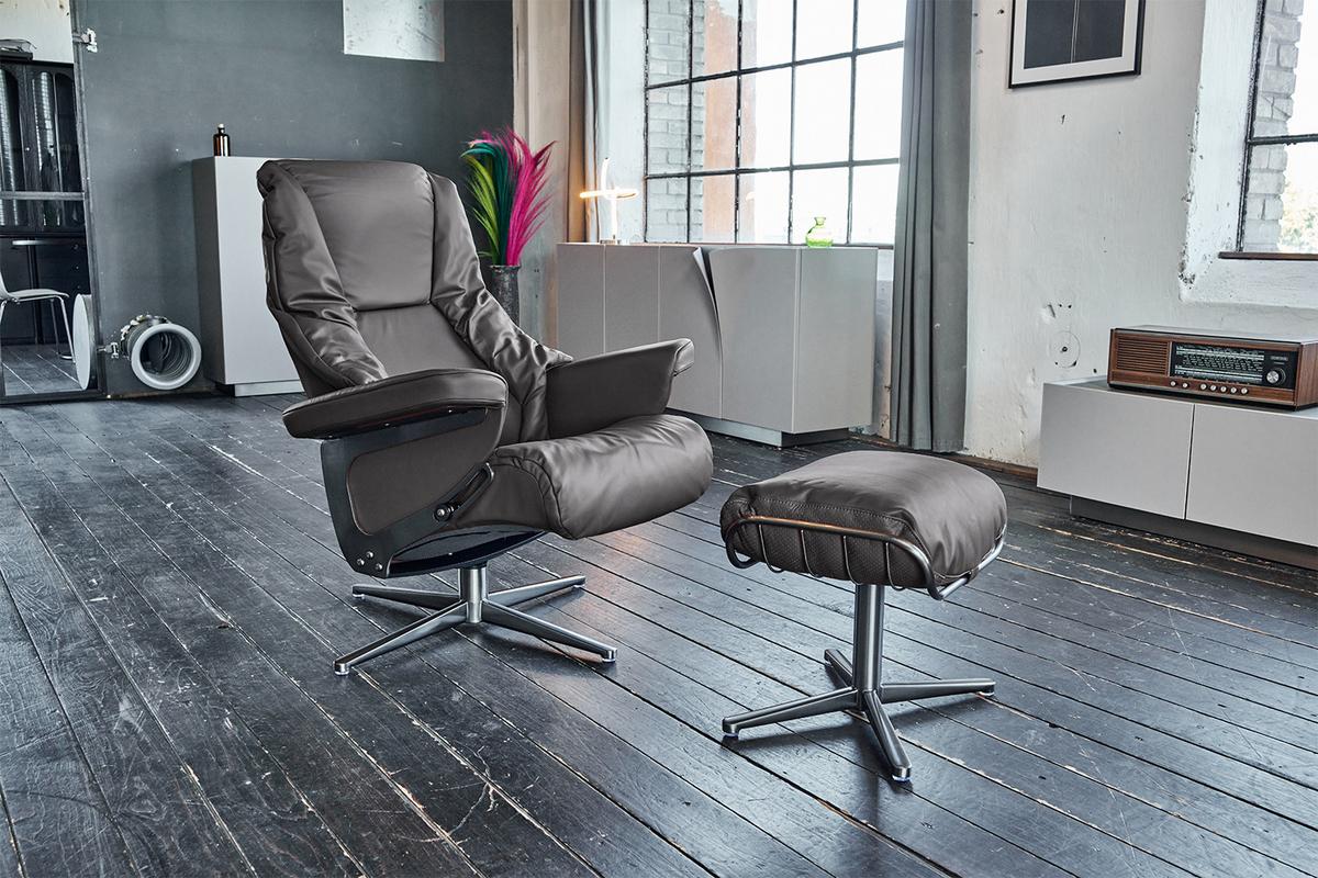 RELAXSESSEL MIT HOCKER MODO Grau Leder - Dunkelgrau/Silberfarben, Leder/Metall (81/98/90cm) - KAWOLA