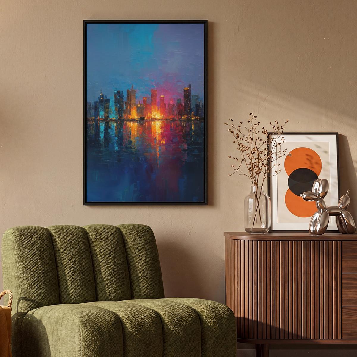 LEINWAND Bilder mit Rahmen - Skyline - Pinselstriche - Dunkelblau - Leuchtend - 60x90 - Blau, Textil (60/90cm) - MuchoWow
