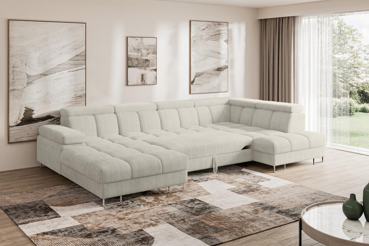 WOHNLANDSCHAFT mit Schlaffunktion und Bettkasten Ottomane RECHTS COMA U 345x203x79 Creme Cord - Mokka, Holzwerkstoff/Textil (203/79/345cm) - ALTDECOR