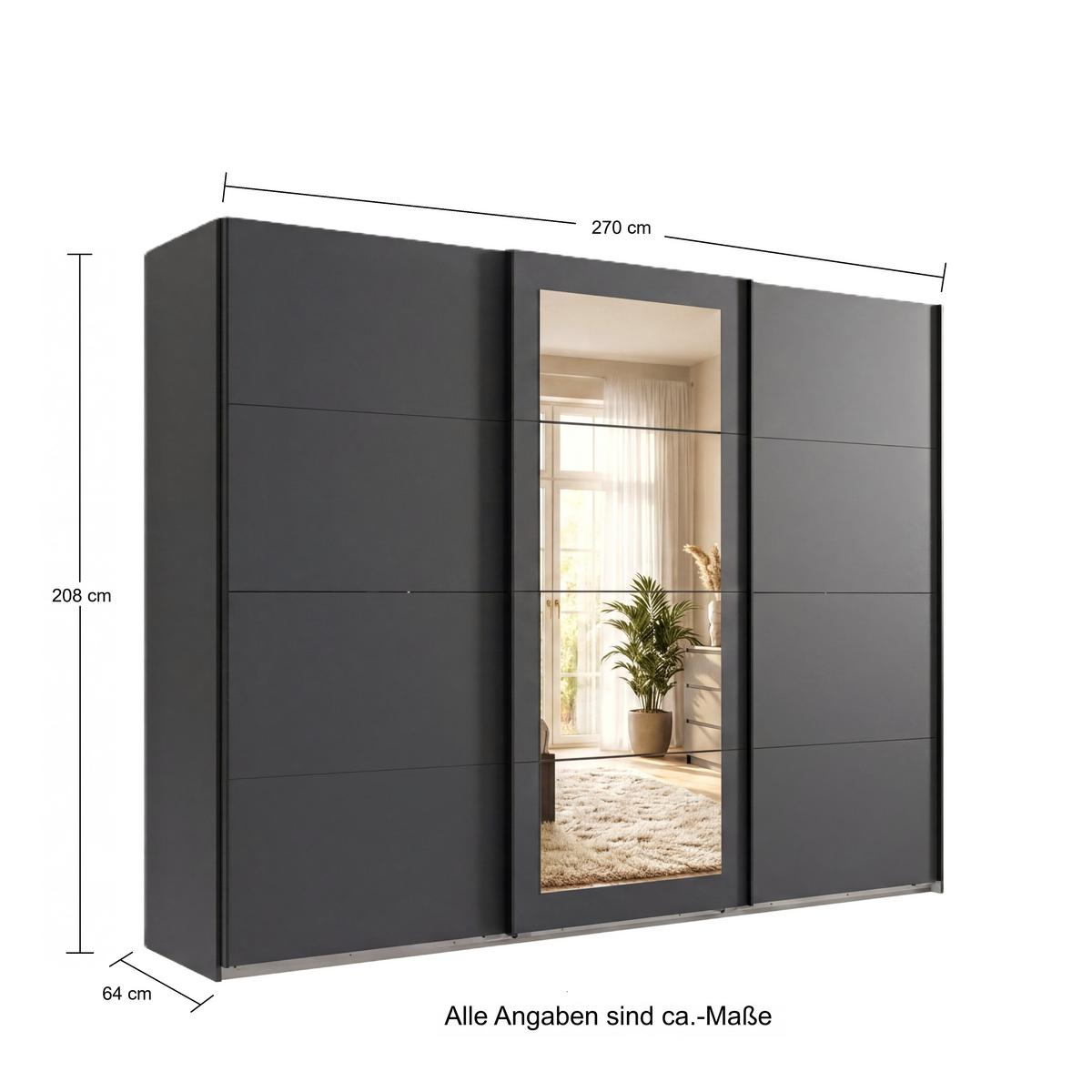 SCHWEBETÜRENSCHRANK 3-türig B270/H208/64 cm Kleiderschrank in Grafit, mittig Spiegel, Griffe Schwarz / 22630 - Graphitfarben/Schwarz, Holzwerkstoff/Metall (270/208/64cm) - luma-home