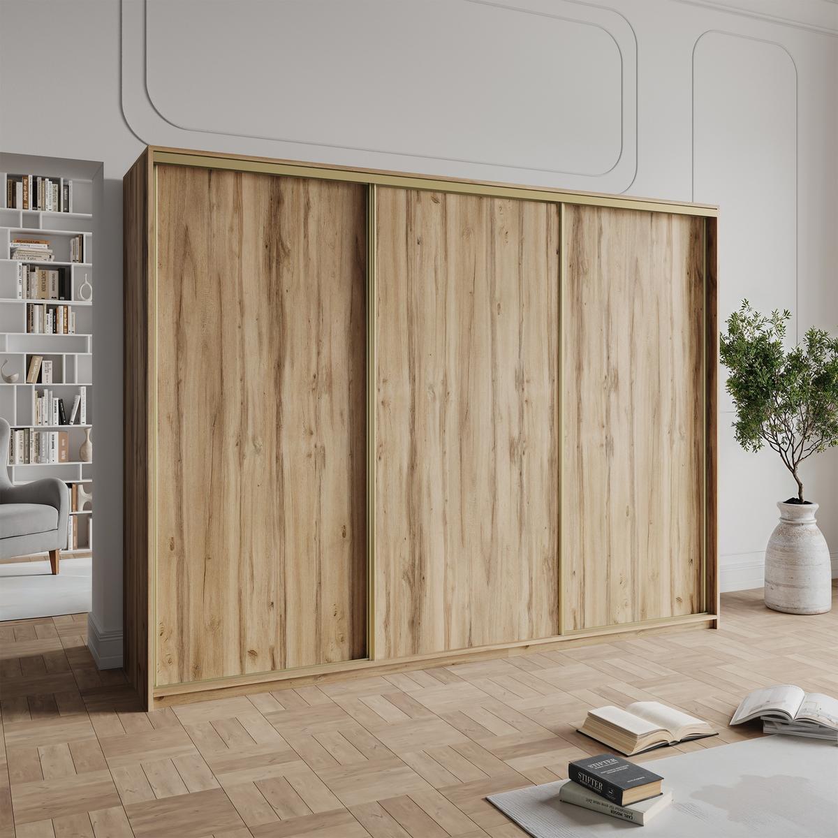 SCHWEBETÜRENSCHRANK NISSE 250/205/60 cm 3-türig mit Schubladen Eiche Wotan - Eiche Wotan/Goldfarben, Holzwerkstoff (250/205/60cm) - MASSENO