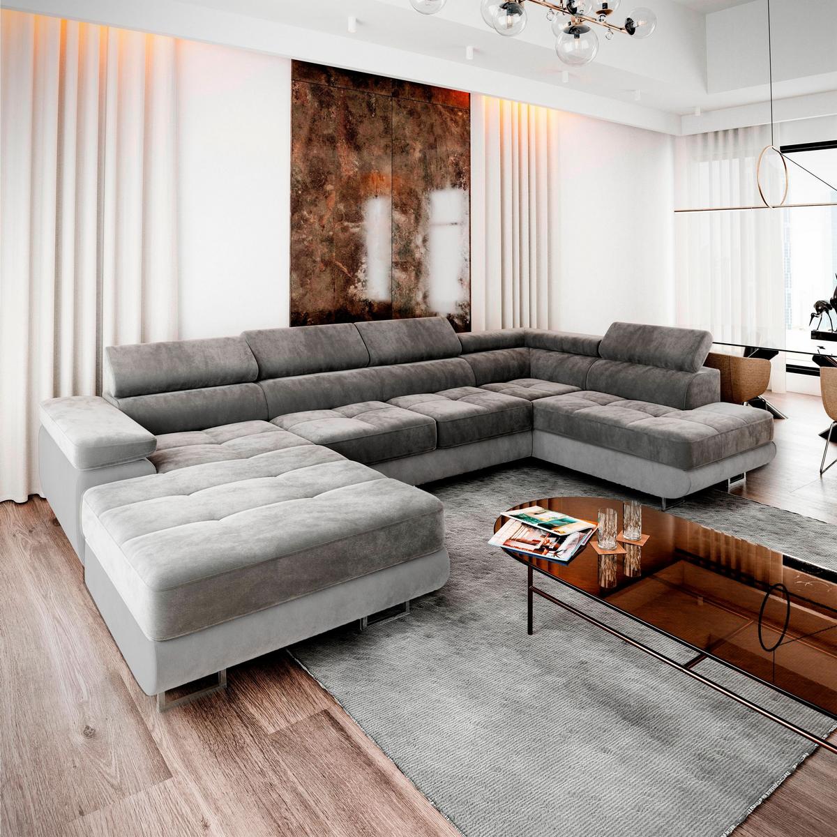 WOHNLANDSCHAFT CASONE R-S Grau Velours-Stoff mit Schlaffunktion - Silberfarben/Grau, Holz/Textil (345/90/202cm) - MASSENO
