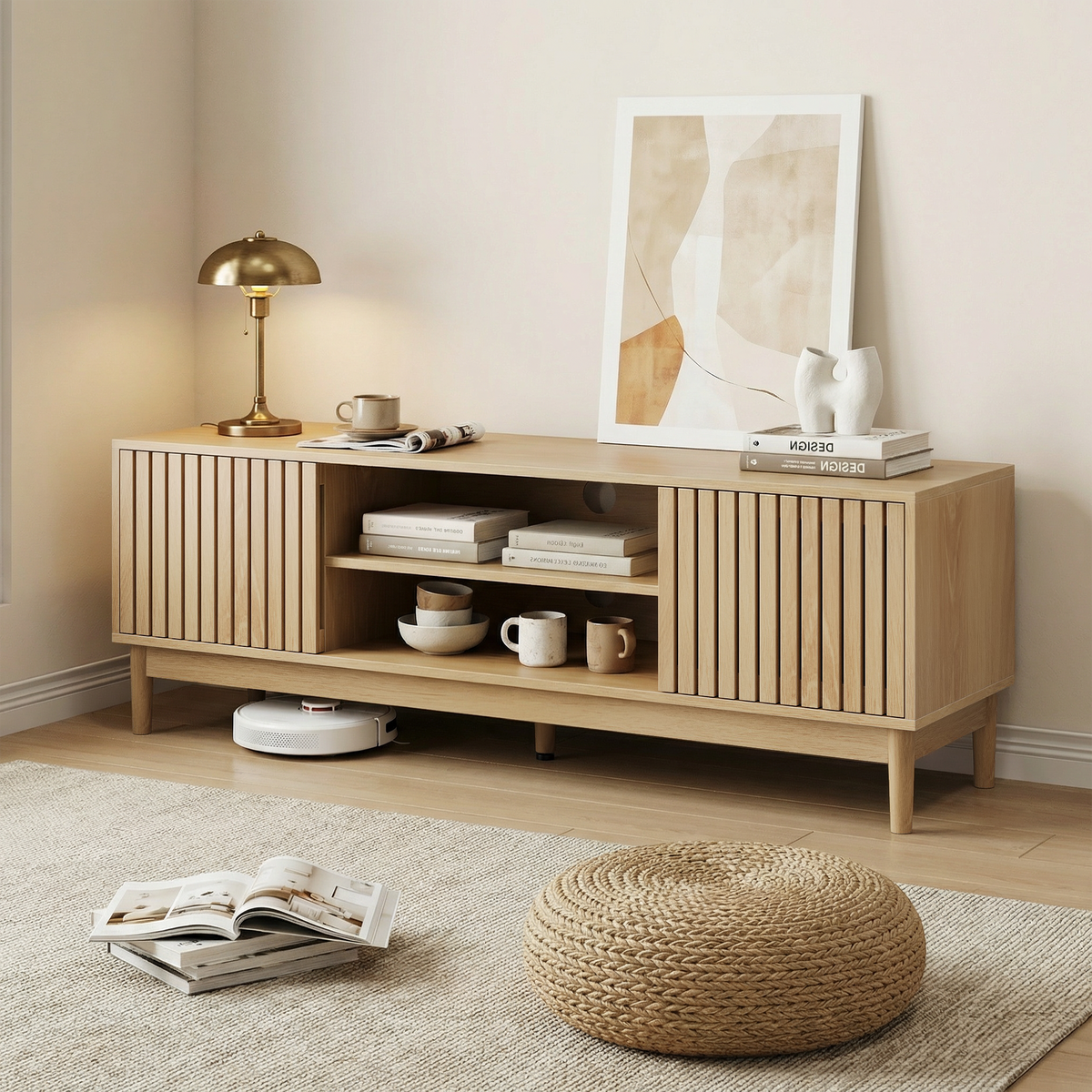 TV-LOWBOARD eichen-optik & lamellen-design - Eichefarben, Holzwerkstoff (140/48/39cm) - Urban Meuble