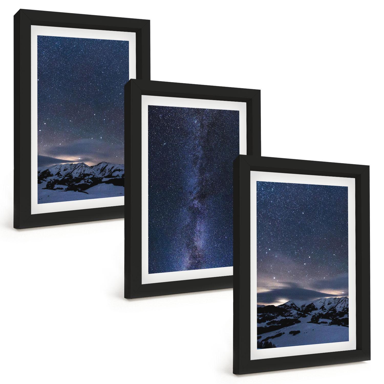 BILDER SET 3er Set - 20x30 cm Schwarzer Rahmen - Nachthimmel, Berge, Sterne - Schwarz, Kunststoff (20/30cm) - TULUP