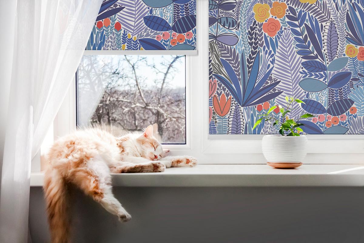 INNENROLLO - Fensterrollo - Rollo - 90x180 cm - Bunte Pflanzen - Blau, Kunststoff (90/180/0.5cm) - TULUP