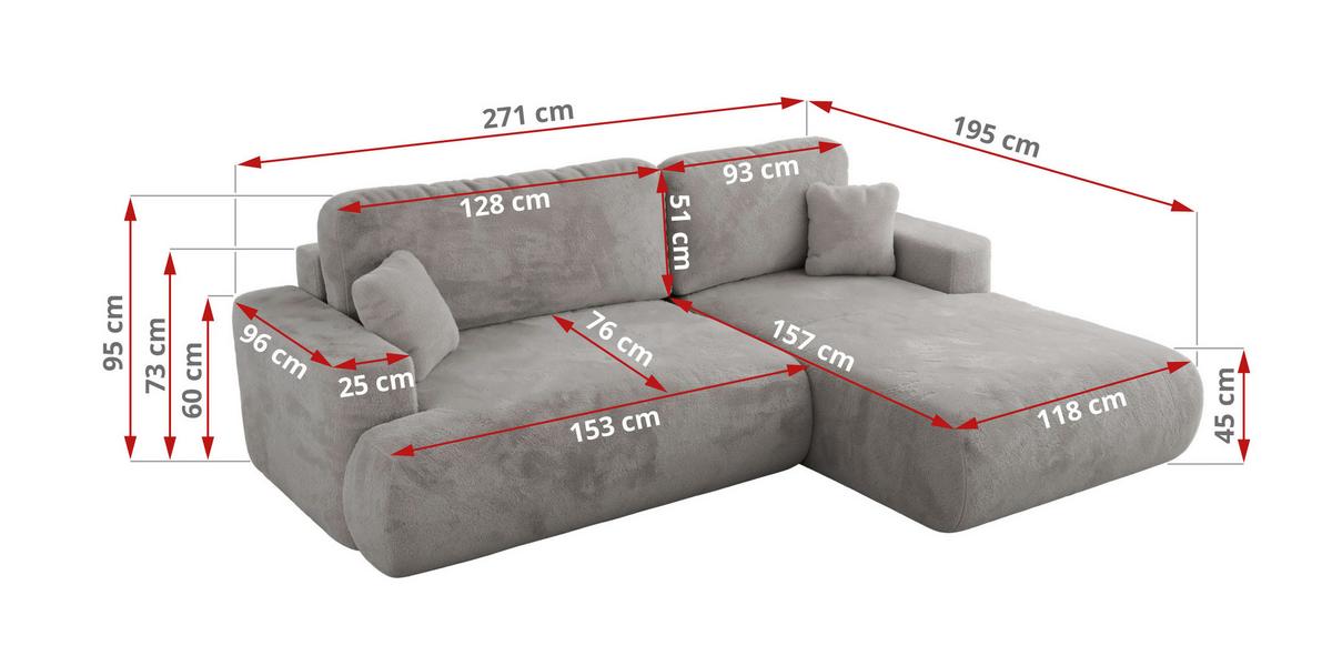ECKSOFA OVO L Hellgrau Plüsch - Links Seite - Hellgrau/Schwarz, Kunststoff/Textil (271/195cm) - MKS