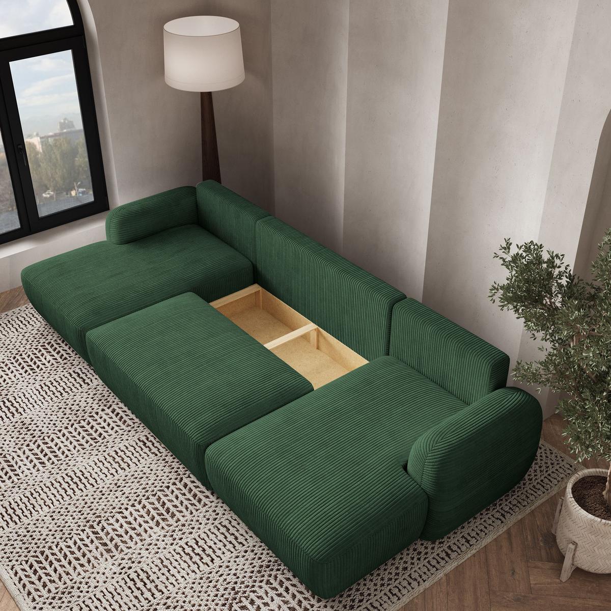 WOHNLANDSCHAFT SAVONA P Grün Kordstoff mit Schlaffunktion - Schwarz/Grün, Holz/Kunststoff (320/90/148cm) - MASSENO