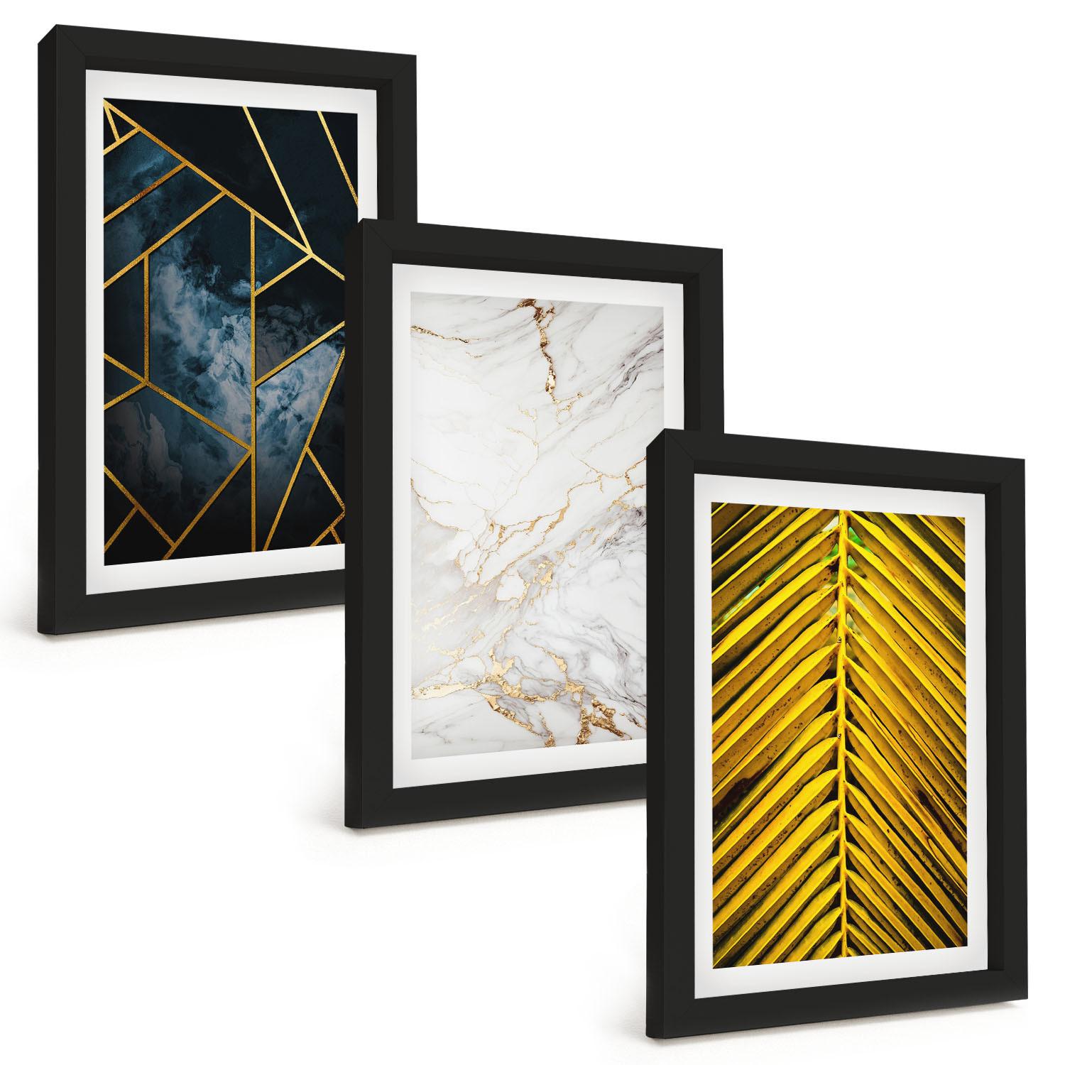 BILDER SET 3er Set - 20x30 cm Schwarzer Rahmen - Geometrische Muster und Vegetation - Schwarz, Kunststoff (20/30cm) - TULUP