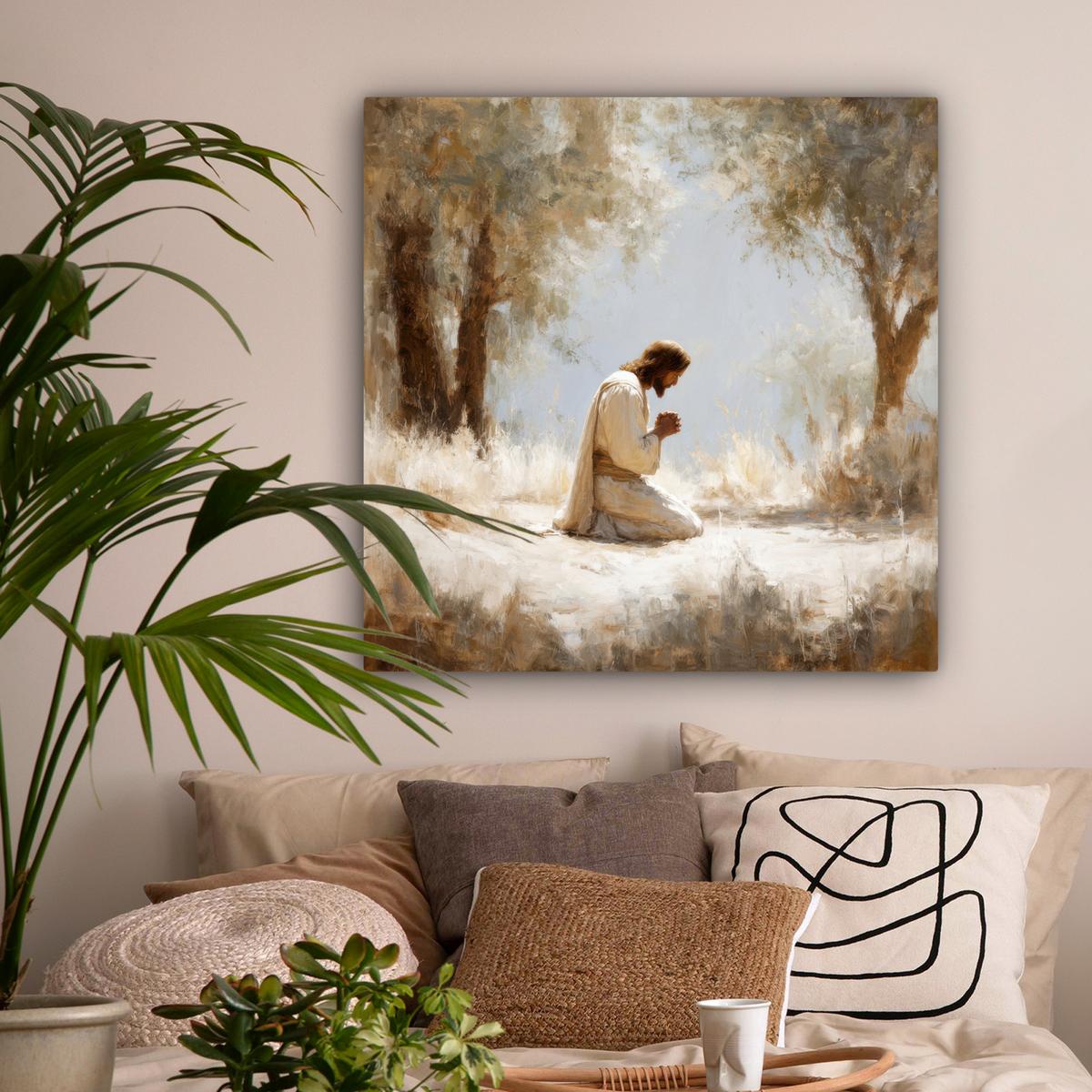 LEINWANDBILD Jesus - Kniend - Waldlandschaft - Betend Deko Groß 90x90 cm - Beige/Hellblau, Textil (90/90cm) - MuchoWow
