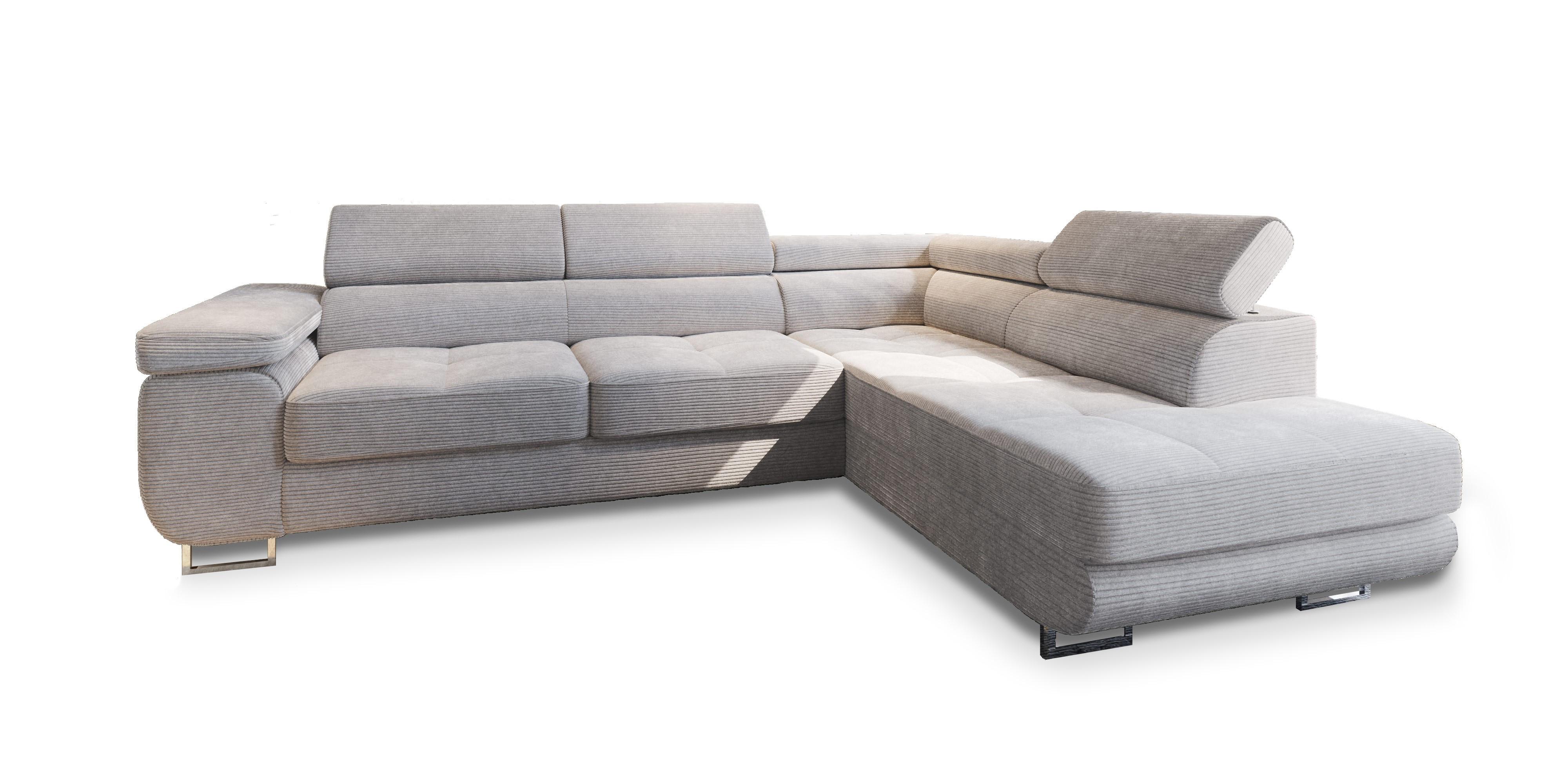 ECKSOFA APIRO R-S Creme Kordstoff mit Schlaffunktion - Silberfarben/Creme, Holz/Textil (276/202cm) - MASSENO