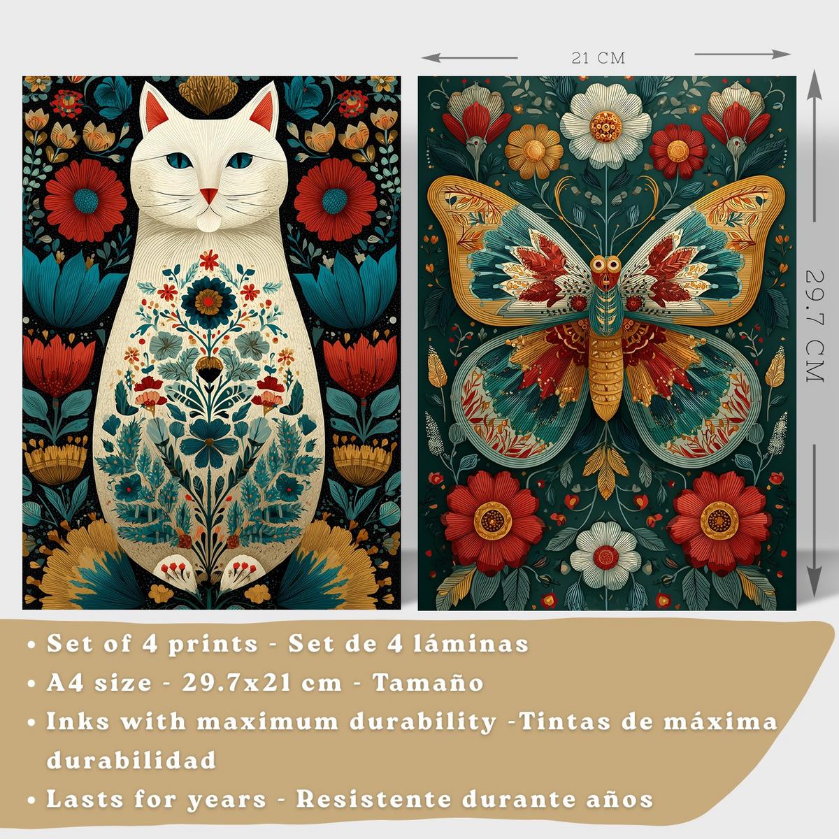 POSTER 4er-Set farbenfrohe Kunstdrucke im Folk-Art-Stil, Tiere und Blumen-Dekorationsbilder, im botanischen Stil für Wohnzimmer Leichter Holzrahmen A4 - Beige, Papier (29.7/21/3cm) - Nacnic