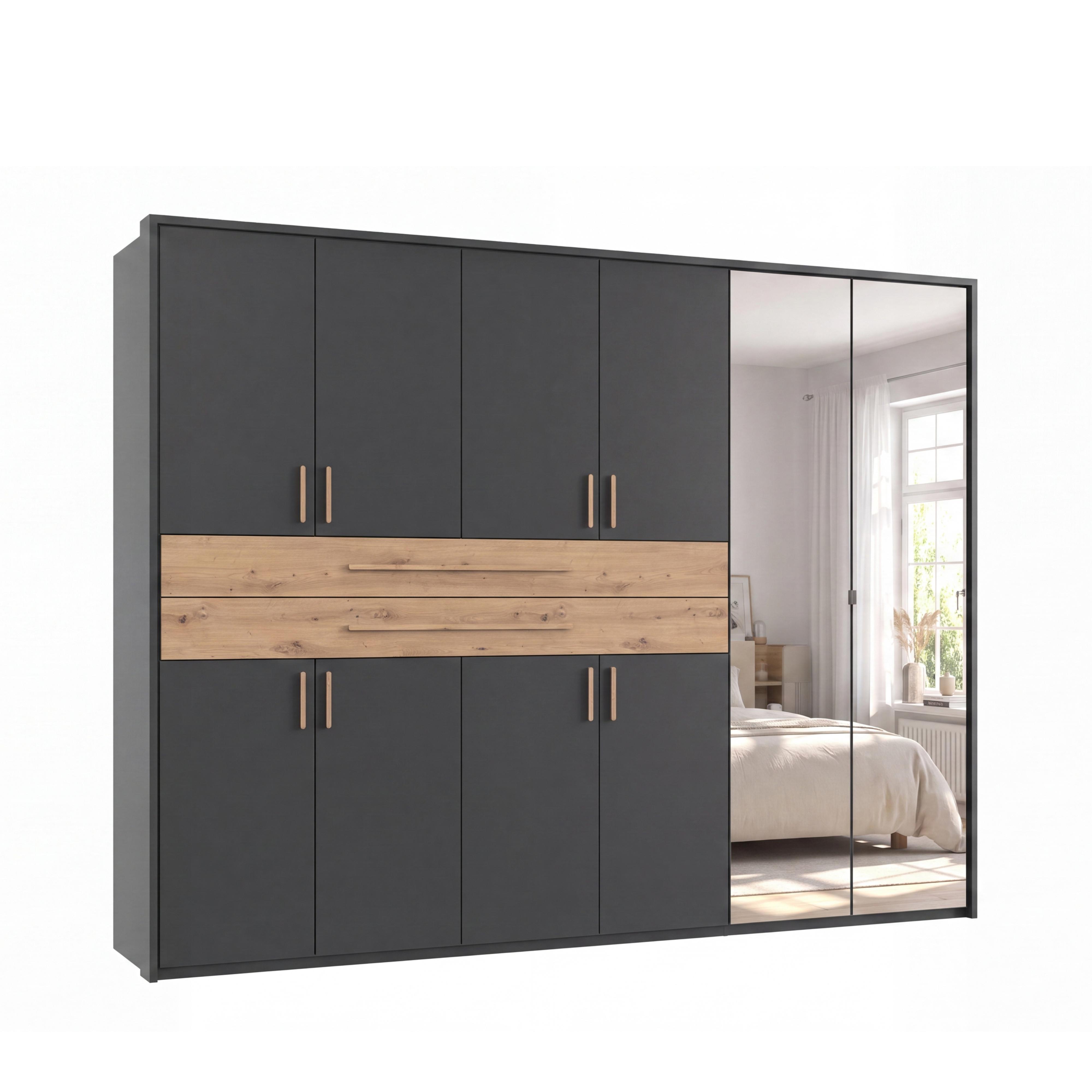 DREHTÜRENSCHRANK B273/H210/T58 cm in Grafit, Kleiderschrank mit Passepartout, 2 Spiegel, 2 großen Schubkästen & Griffen in Eiche Artisan Dekor / 22652 - Graphitfarben/Eiche Artisan, Holzwerkstoff/Kunststoff (273/210/58cm) - luma-home