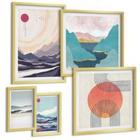 BILDER SET 5er Set - 50x50 cm & 20x30 cm & 40x60 cm Goldrahmen - Farbenfrohe Muster der Japandi-Flussberge - Goldfarben, Kunststoff (40/60cm) - TULUP