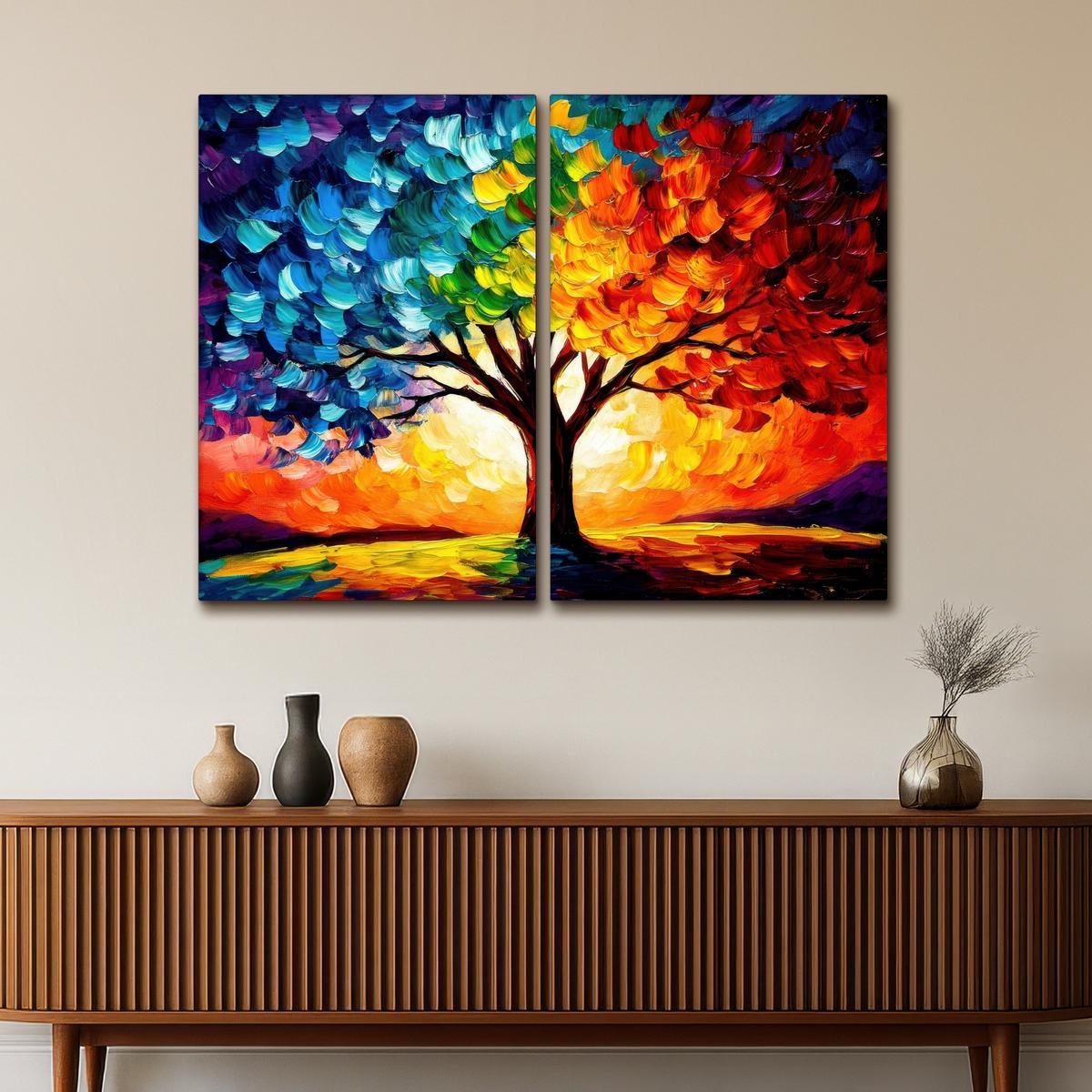 LEINWANDBILD 2er Set Baum - Farbenfroh - Malerei-Look - Abstrakt 120x90 cm - Multicolor, Textil (120/90cm) - MuchoWow
