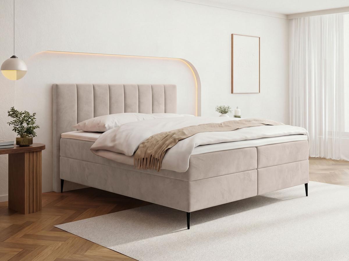 BOXBETT Allen mit Bettkasten, Samt Beige 200x200 cm – inkl. H4 Taschenfederkern Matratze & Foam Topper - Ecru/Beige, Textil/Metall (200/200cm) - WFL GROUP