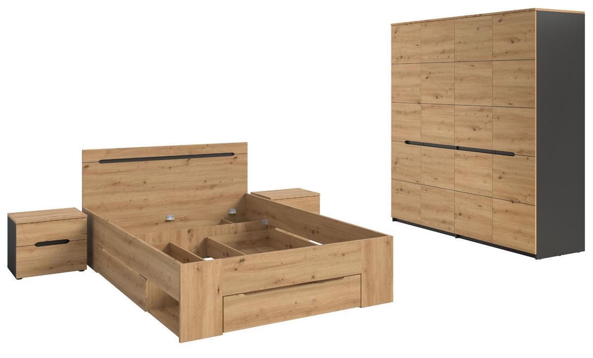SCHLAFZIMMER Eiche Artisan, grau 4-teilig, Set mit Kleiderschrank, Bett und 2x Nachttisch - Eiche Artisan/Grau, Holzwerkstoff/Metall - Inn.Furn