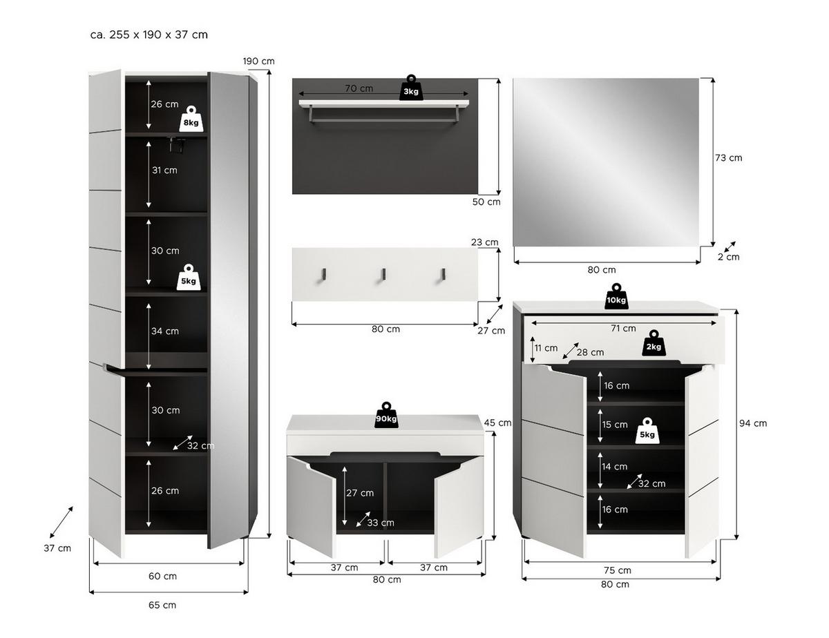 GARDEROBEN-SET 6-teilig in weiß, grau 255 cm, Komplettset mit Soft-Close, Cooper - Schwarz/Weiß, Glas/Holzwerkstoff (255/190/37cm) - Inn.Furn