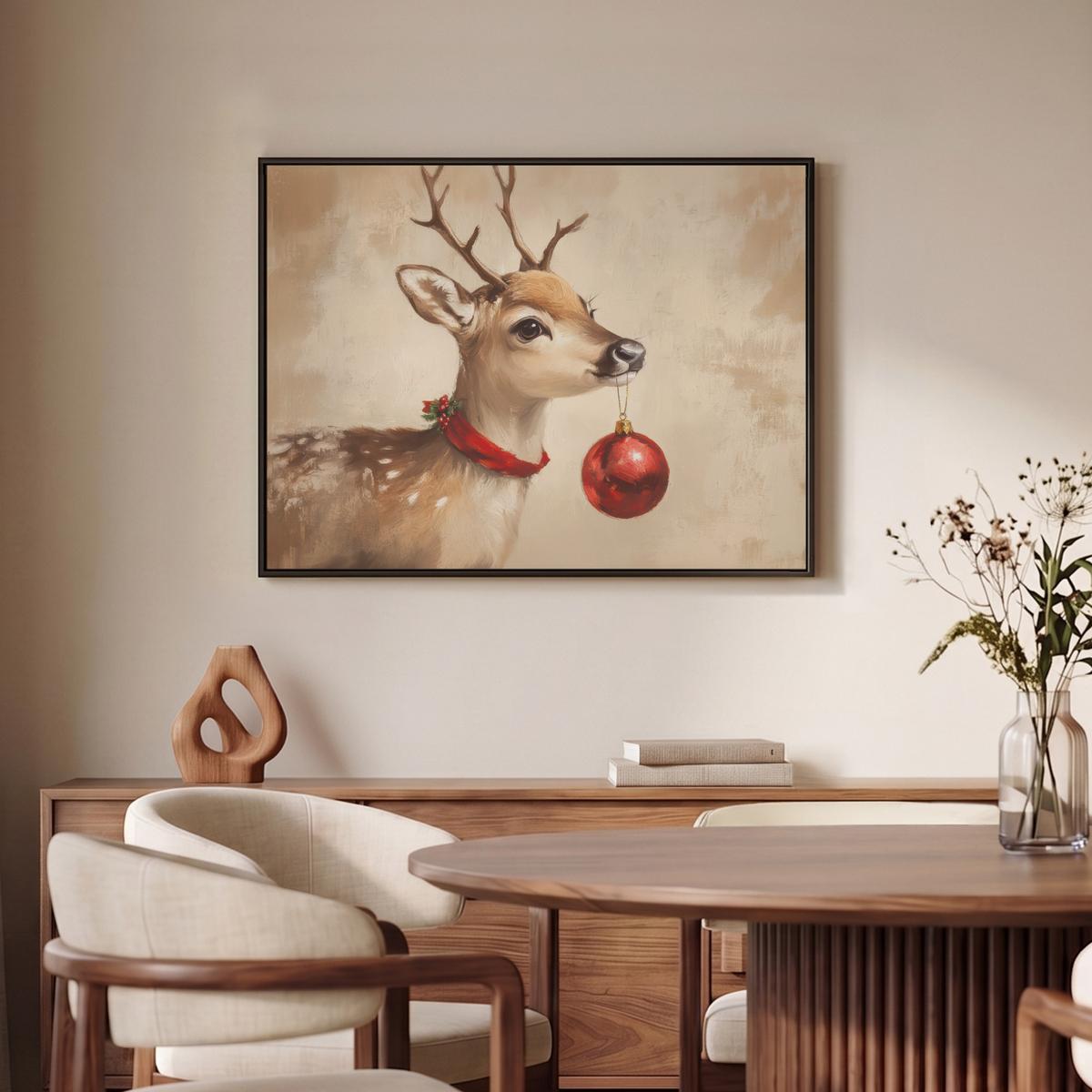 LEINWAND Bilder mit Rahmen - Weihnachten - Hirsch - Geweih - Weihnachtskugel - Rentier - 70x50 - Hellbraun, Textil (70/50cm) - MuchoWow