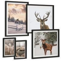 BILDER SET 5er Set - 50x50 cm & 20x30 cm & 40x60 cm Schwarzer Rahmen - Winterlandschaft mit Hirschen - Schwarz, Kunststoff (40/60cm) - TULUP