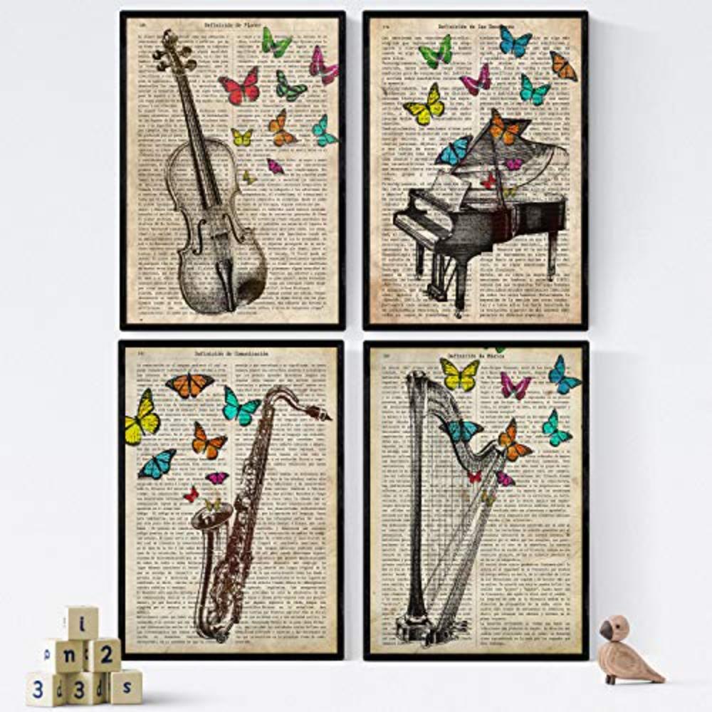 POSTER Set mit 4 Violin und Saxon mit Musikdefinitionen, Emotionen, Kommunikation, Vergnügen A4 Schwarzer Rahmen - Schwarz, Papier (29.7/3cm) - Nacnic