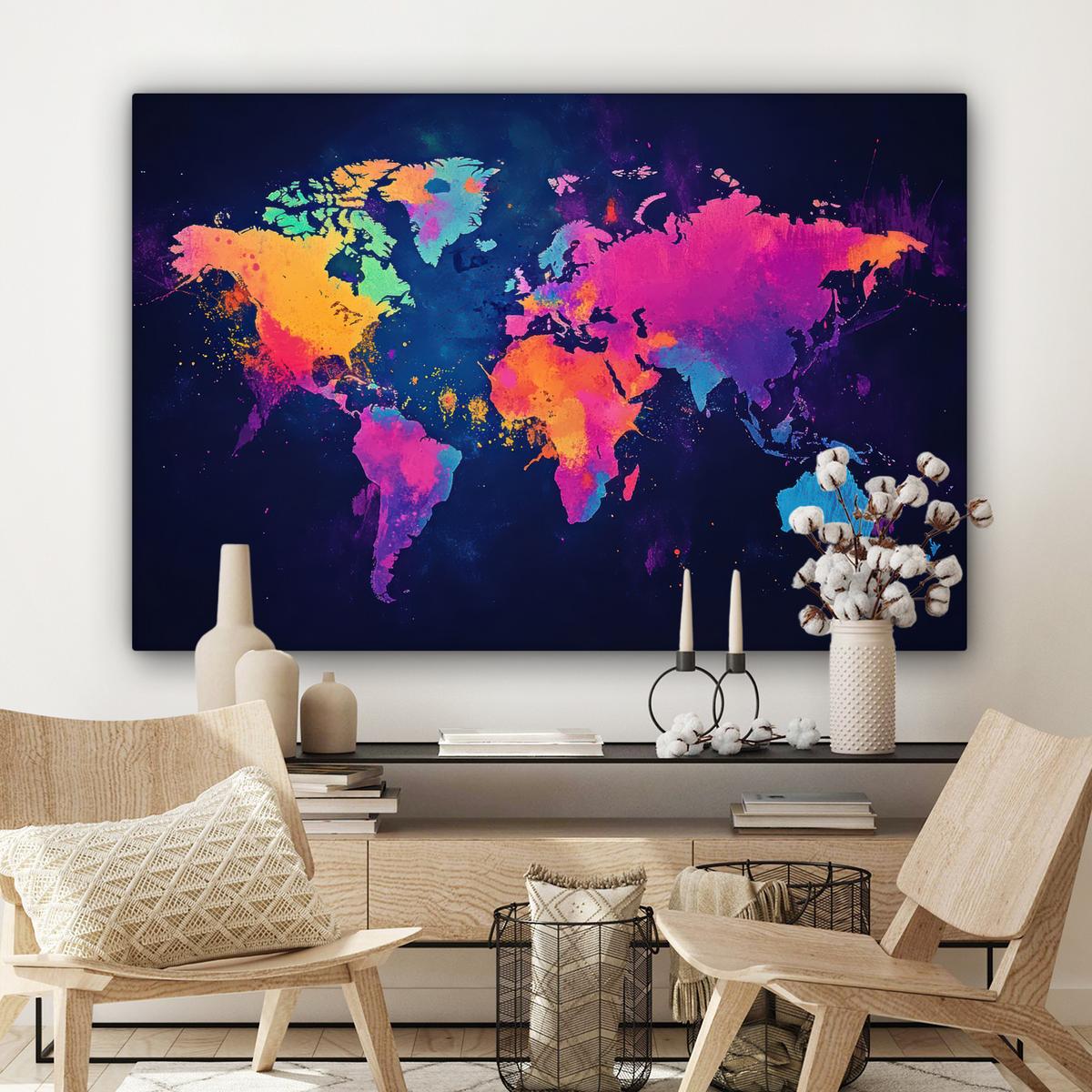 LEINWANDBILD Weltkarte - Bunt - Graffiti Groß 140x90 cm - Multicolor, Textil (140/90cm) - MuchoWow