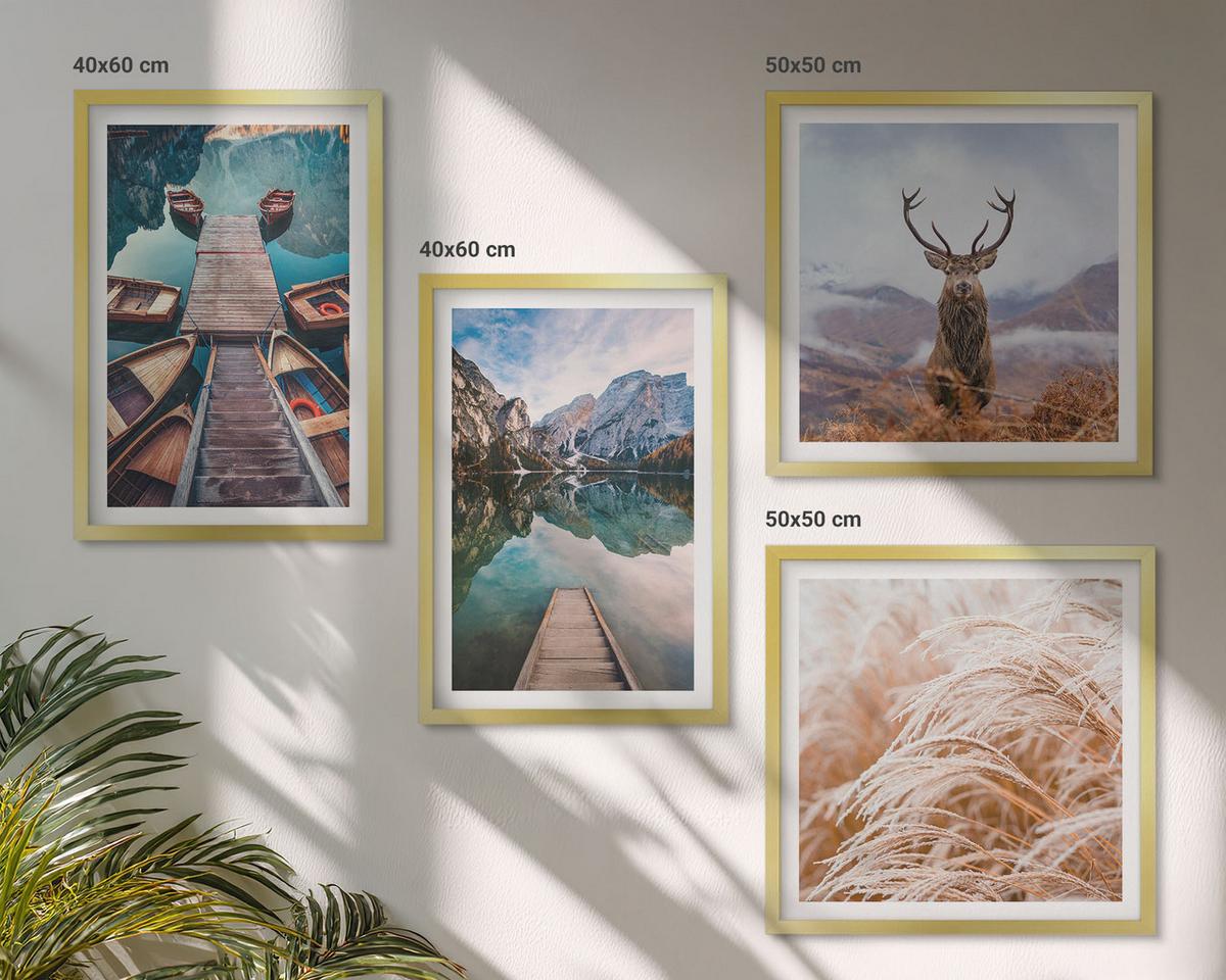 BILDER SET 4er Set - 50x50 cm & 40x60 cm Goldrahmen - Seeboote Hirsche Berge - Goldfarben, Kunststoff (50/50cm) - TULUP