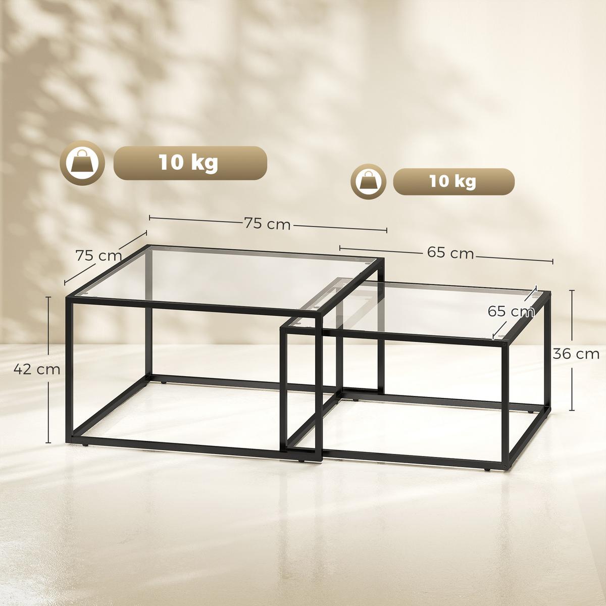 COUCHTISCHE 2er Set Gehärtetes Glas Metall Schwarz - Schwarz, Glas/Metall (75/75/42cm) - HOMCOM