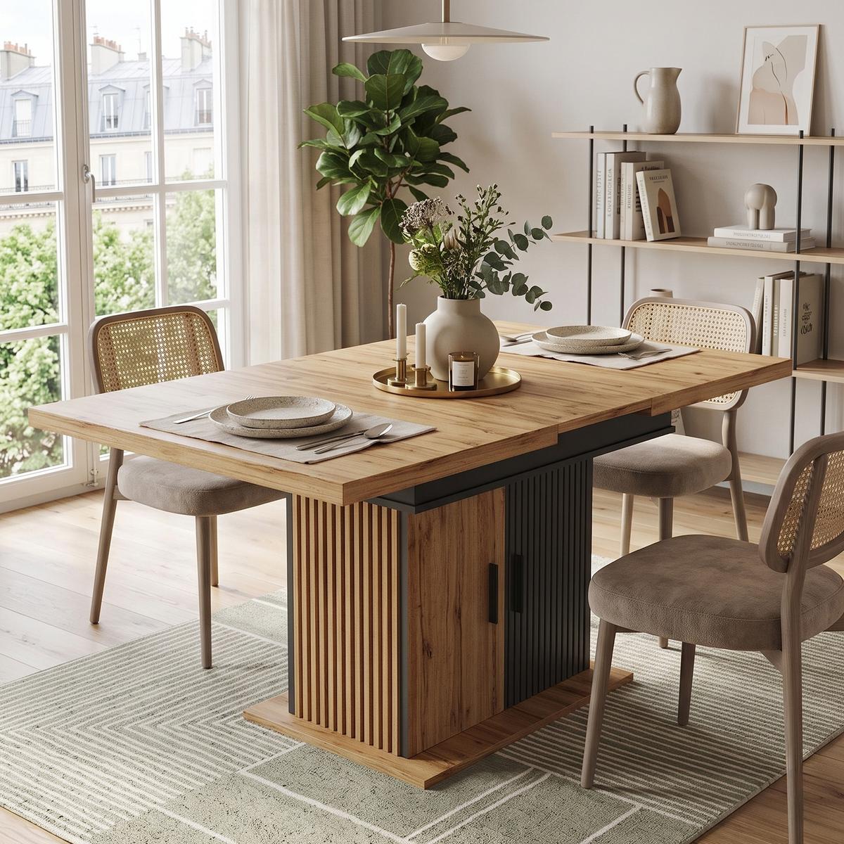 ESSTISCH Ausziehbar 110-140cm Schwarz & Natur Teleskoptisch mit Stauraum - Naturfarben, Holzwerkstoff (80/110/75cm) - Urban Meuble