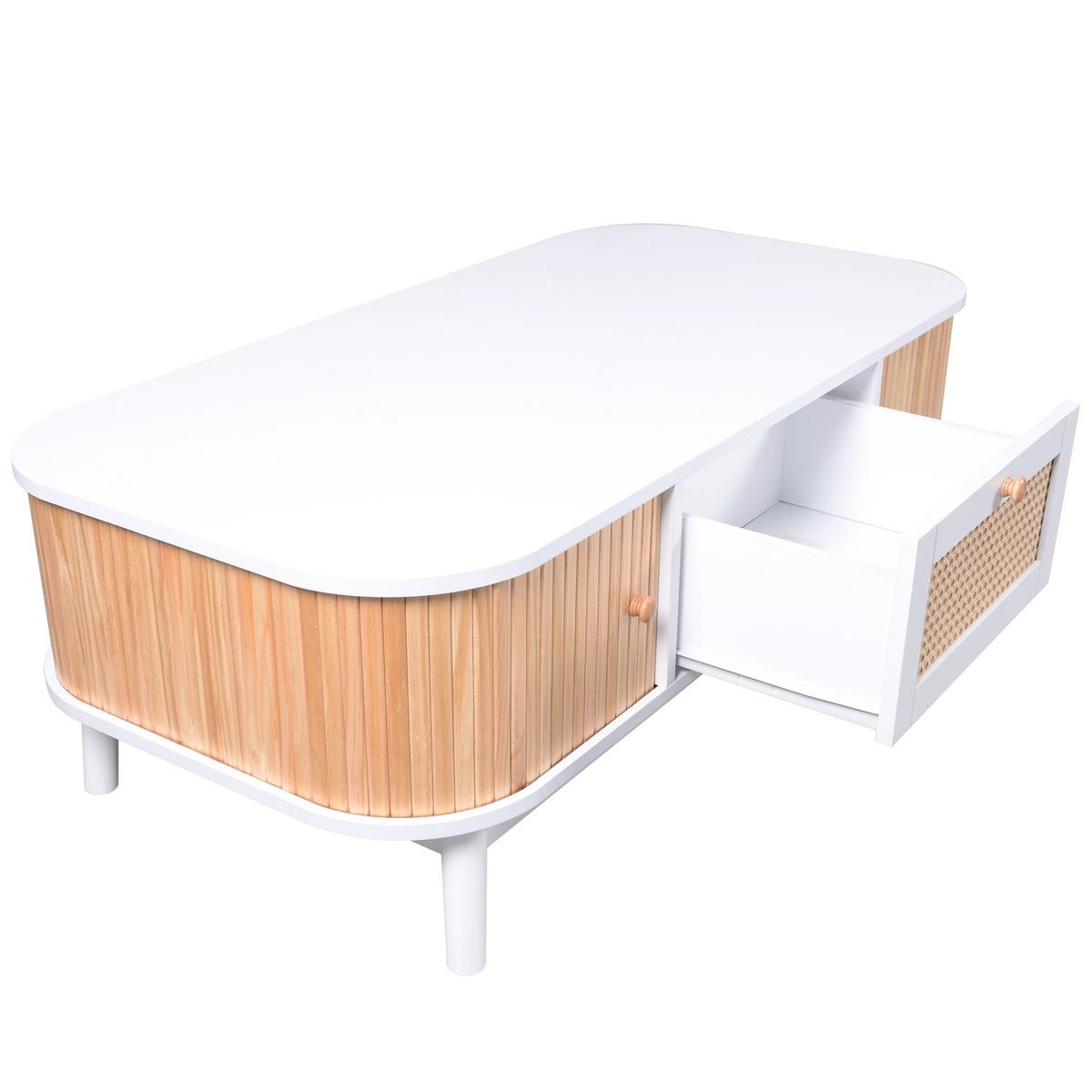 COUCHTISCH weiß & holz-optik mit rattan-schublade & massivholz-schiebetüren - Weiß, Holzwerkstoff (55/110/38.5cm) - Urban Meuble