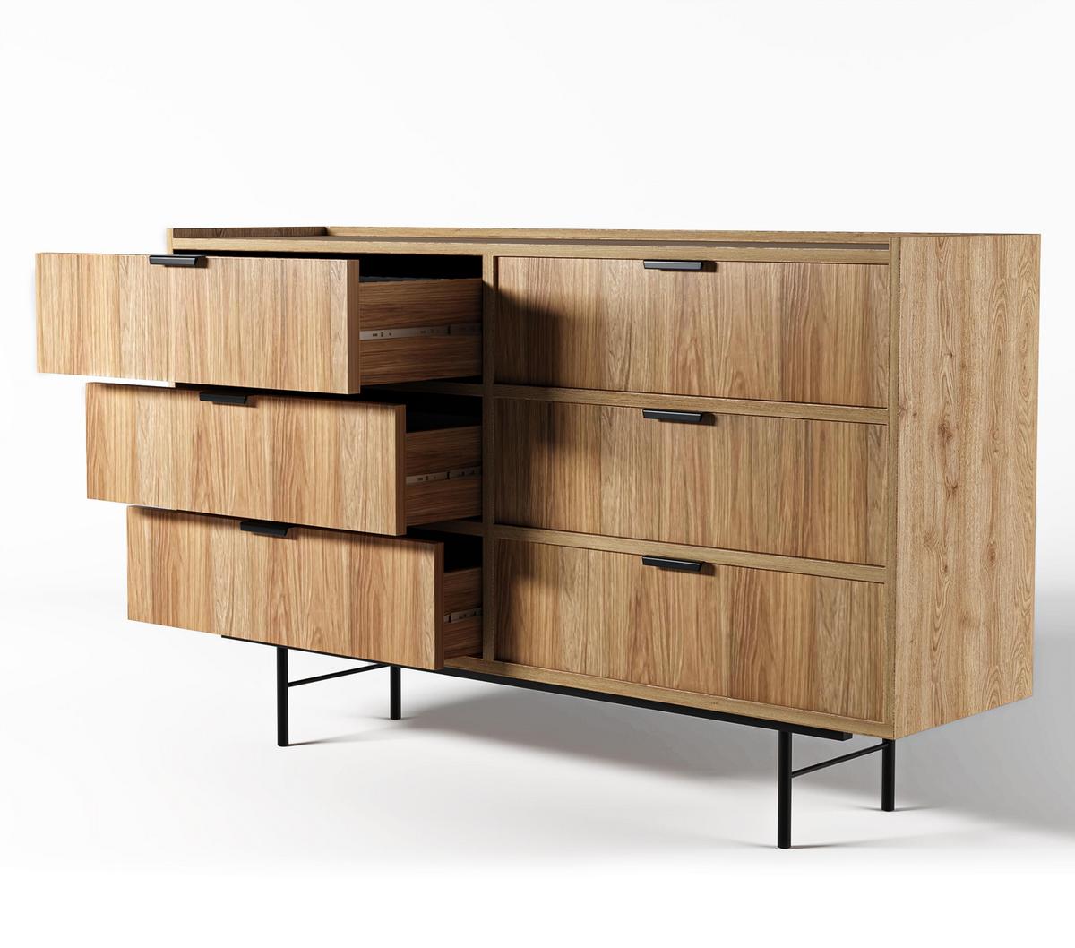 SIDEBOARD Nordiva 6S Hikora Natur 150/90/40 cm – Metallgestell - Schwarz/Naturfarben, Holzwerkstoff/Metall (150/90/40cm) - AX Living