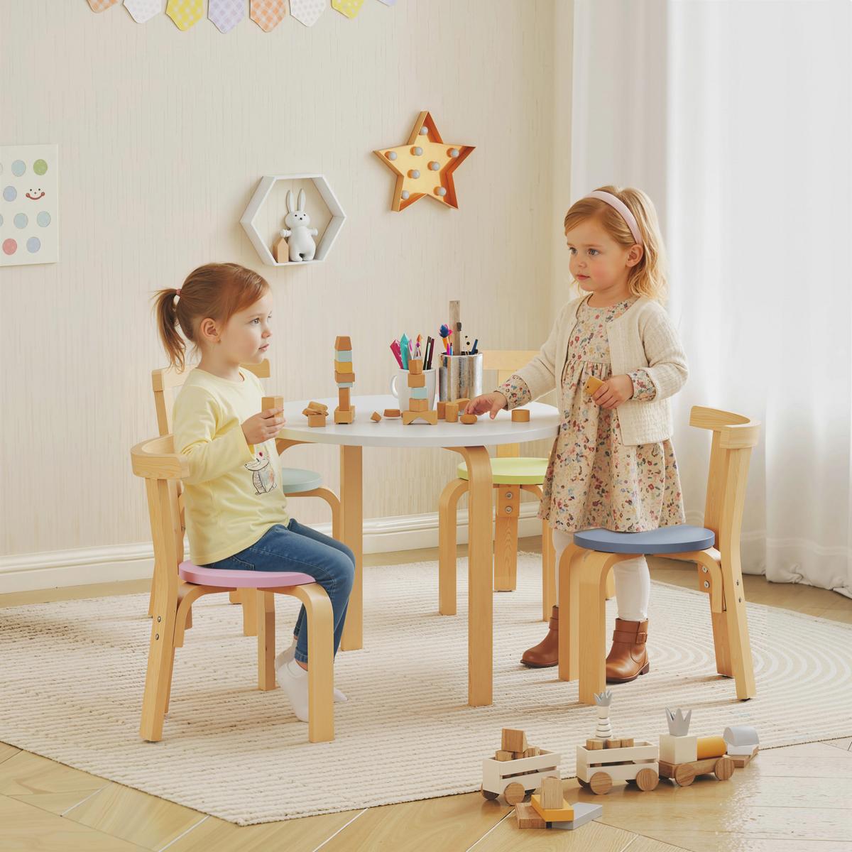 KINDERSITZGRUPPE 5er Set Pappelholz Birkenfurnier Mehrfarbig - Multicolor, Holz (60/50/60cm) - AIYAPLAY