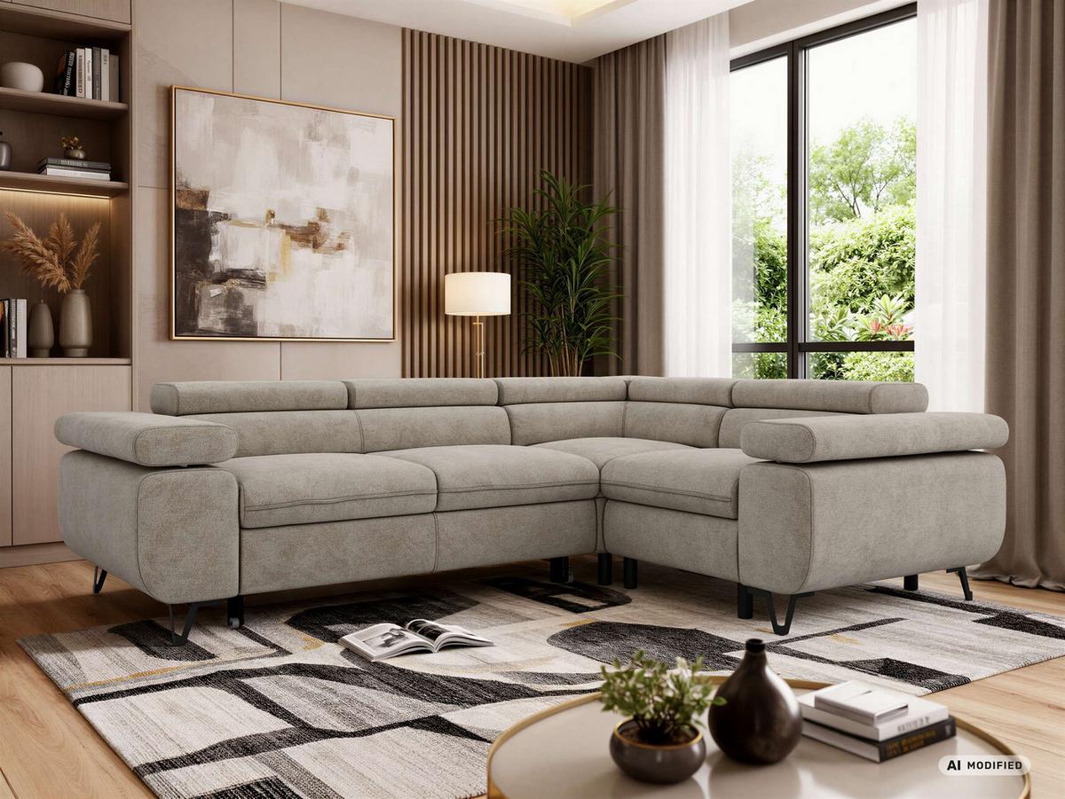 ECKSOFA FALCO L - Greige Stukture - Rechts Seite - Greige/Schwarz, Textil/Metall (268/197cm) - MKS