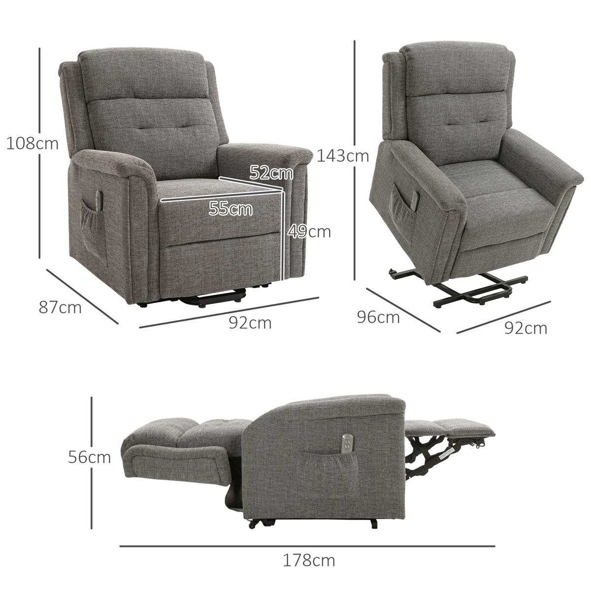 FERNSEHSESSEL mit Aufstehhilfe, Grau - Schwarz/Grau, Textil/Metall (87/108/92cm) - HOMCOM